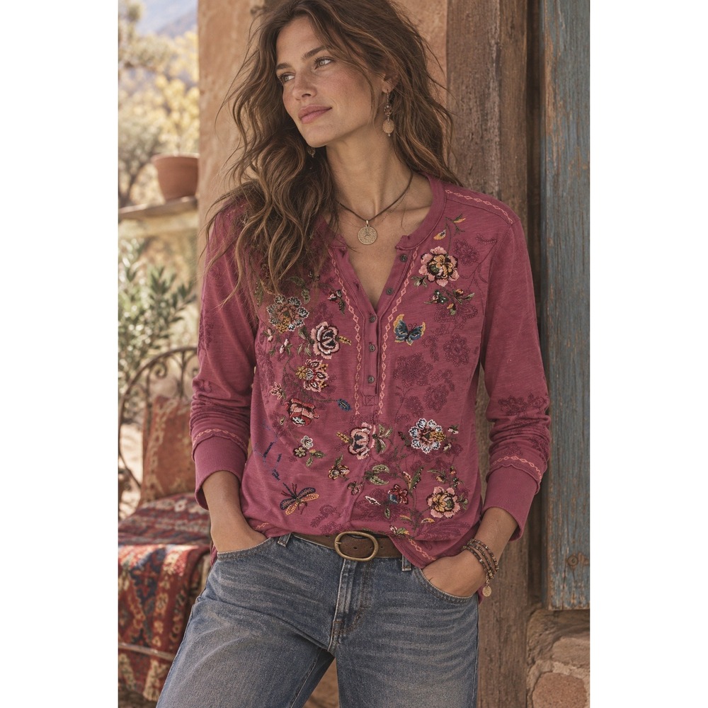 Sundance Henley Top Womens PM Pink Floral Embroidered Long Sleeve Boho Artsy